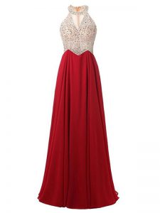 Romantic High-neck Sleeveless Evening Dress Floor Length Beading Wine Red Chiffon