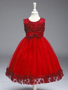 On Sale Red Scoop Neckline Appliques and Bowknot Pageant Gowns For Girls Sleeveless Zipper