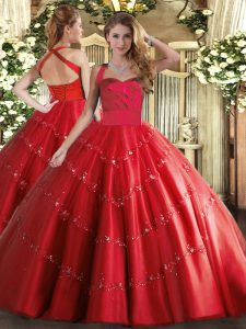 Luxury Sleeveless Floor Length Appliques Lace Up Quince Ball Gowns with Red