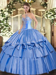 Enchanting Floor Length Baby Blue 15 Quinceanera Dress Organza and Taffeta Sleeveless Beading and Ruffled Layers