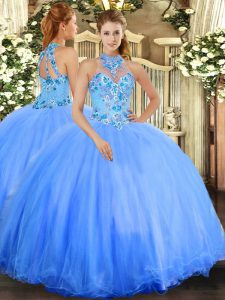 Shining Floor Length Lace Up 15 Quinceanera Dress Blue for Military Ball and Sweet 16 and Quinceanera with Embroidery