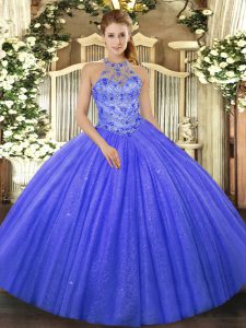 Blue Halter Top Neckline Beading and Embroidery Ball Gown Prom Dress Sleeveless Lace Up