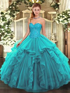 Luxurious Ball Gowns Quinceanera Dress Teal Sweetheart Tulle Sleeveless Floor Length Lace Up