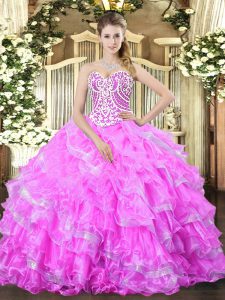 Lilac Sleeveless Floor Length Beading and Ruffled Layers Lace Up Quinceanera Gowns