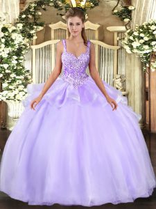 Custom Design Lavender Ball Gowns Straps Sleeveless Organza Floor Length Lace Up Beading Ball Gown Prom Dress