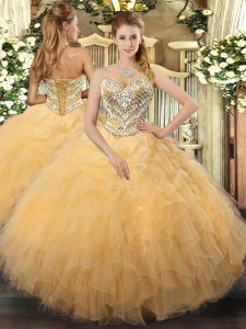 Attractive Sweetheart Sleeveless Tulle Ball Gown Prom Dress Beading and Ruffles Lace Up