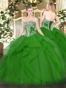 Green Tulle Lace Up Quinceanera Dress Sleeveless Floor Length Beading and Ruffles