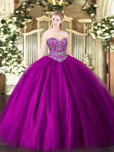 Floor Length Lace Up Quinceanera Gown Fuchsia for Military Ball and Sweet 16 and Quinceanera with Beading