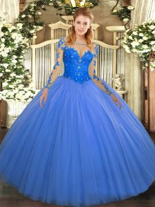 Top Selling Floor Length Blue Sweet 16 Quinceanera Dress Tulle Long Sleeves Lace