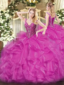 Low Price Fuchsia Long Sleeves Beading and Ruffles Floor Length Sweet 16 Dresses