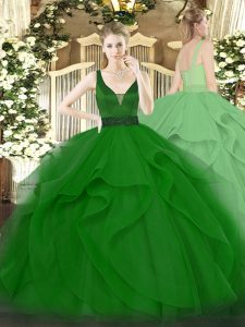 Hot Selling Sleeveless Tulle Floor Length Zipper Sweet 16 Dress in Dark Green with Beading and Ruffles