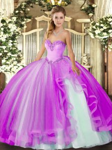 Lilac Ball Gowns Tulle Sweetheart Sleeveless Beading and Ruffles Floor Length Lace Up Ball Gown Prom Dress