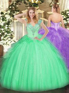 Sumptuous Apple Green Sleeveless Tulle Lace Up Vestidos de Quinceanera for Military Ball and Sweet 16 and Quinceanera