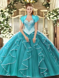 Sweetheart Sleeveless Lace Up Ball Gown Prom Dress Teal Tulle