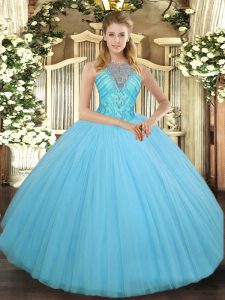 Aqua Blue Ball Gowns Beading Quinceanera Dresses Lace Up Tulle Sleeveless Floor Length