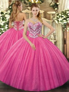 Beading Quinceanera Dress Hot Pink Lace Up Sleeveless Floor Length