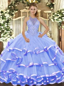 Smart Blue Organza Lace Up Quinceanera Dress Sleeveless Floor Length Beading and Ruffled Layers