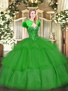 Floor Length Green Quinceanera Dress Tulle Sleeveless Beading and Ruffled Layers