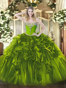 Ball Gowns Quince Ball Gowns Olive Green Sweetheart Organza Sleeveless Floor Length Lace Up