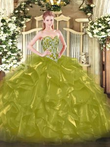 Top Selling Floor Length Olive Green 15th Birthday Dress Organza Sleeveless Beading and Ruffles
