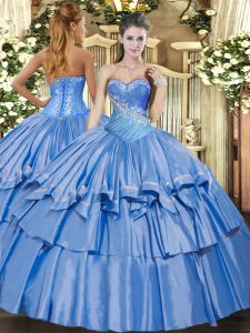 Pretty Floor Length Lace Up 15 Quinceanera Dress Baby Blue for Military Ball and Sweet 16 and Quinceanera with Beading a