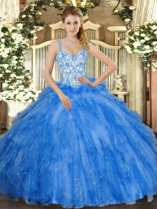 Floor Length Blue Sweet 16 Dresses Organza Sleeveless Beading and Ruffles