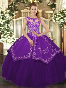 Purple Scoop Neckline Beading and Embroidery Vestidos de Quinceanera Cap Sleeves Lace Up