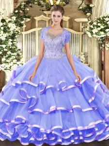 Trendy Beading and Ruffled Layers Quinceanera Dress Lavender Clasp Handle Sleeveless Floor Length