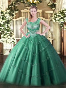 Cheap Floor Length Dark Green Quince Ball Gowns Tulle Sleeveless Beading and Appliques