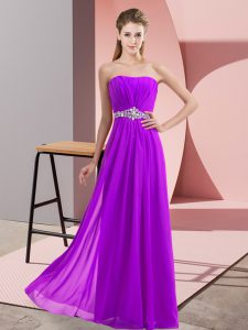 Sexy Eggplant Purple Empire Strapless Sleeveless Chiffon Floor Length Lace Up Beading Prom Evening Gown