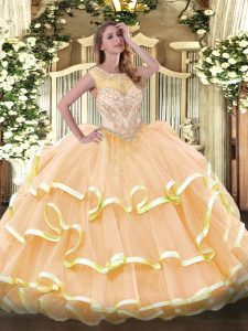 Colorful Peach Quinceanera Gowns Prom and Sweet 16 and Quinceanera with Beading and Ruffled Layers Scoop Sleeveless Zipp