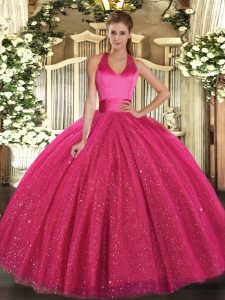Hot Pink Sleeveless Floor Length Sequins Lace Up Quinceanera Dress