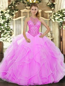 Rose Pink Ball Gowns Beading and Ruffles Vestidos de Quinceanera Lace Up Organza Sleeveless Floor Length