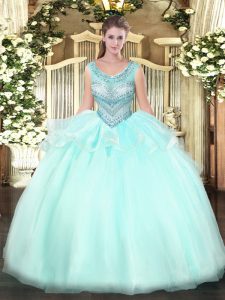 Best Aqua Blue Sleeveless Organza Lace Up Sweet 16 Dress for Military Ball and Sweet 16 and Quinceanera