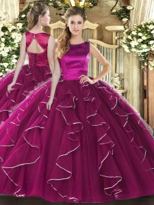 Free and Easy Fuchsia Lace Up Scoop Ruffles Quince Ball Gowns Tulle Sleeveless