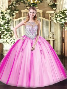 Lilac Ball Gowns Scoop Sleeveless Tulle Floor Length Zipper Beading and Appliques Ball Gown Prom Dress