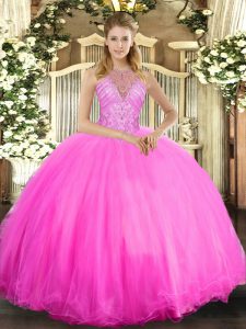 Tulle Halter Top Sleeveless Lace Up Beading Sweet 16 Dresses in Rose Pink