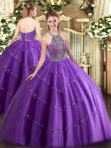 Gorgeous Purple Tulle Lace Up Sweet 16 Dresses Sleeveless Floor Length Beading and Appliques