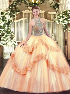 Peach Tulle Lace Up Sweet 16 Dresses Sleeveless Floor Length Beading and Appliques