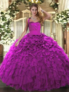 Fashionable Fuchsia Halter Top Neckline Ruffles Ball Gown Prom Dress Sleeveless Lace Up