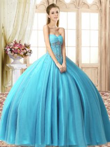 Suitable Sleeveless Tulle Floor Length Lace Up 15th Birthday Dress in Aqua Blue with Beading