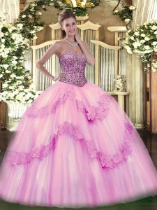 Beading and Appliques and Ruffles Quince Ball Gowns Pink Lace Up Sleeveless Floor Length