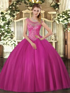Luxurious Fuchsia Lace Up Sweet 16 Dress Beading Sleeveless Floor Length