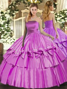 Floor Length Lace Up Vestidos de Quinceanera Lilac for Military Ball and Sweet 16 and Quinceanera with Ruffled Layers