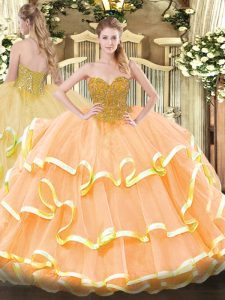 Fabulous Peach Ball Gowns Organza Sweetheart Sleeveless Beading and Ruffled Layers Floor Length Lace Up Sweet 16 Dress