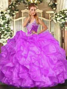 Lilac Lace Up Straps Beading and Ruffles Sweet 16 Quinceanera Dress Organza Sleeveless