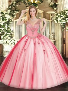 Custom Designed Ball Gowns Vestidos de Quinceanera Coral Red V-neck Tulle Sleeveless Floor Length Lace Up