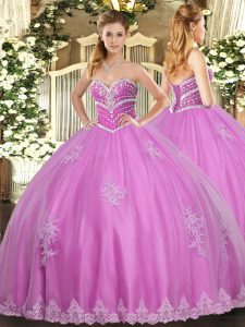 Floor Length Rose Pink 15th Birthday Dress Tulle Sleeveless Beading and Appliques