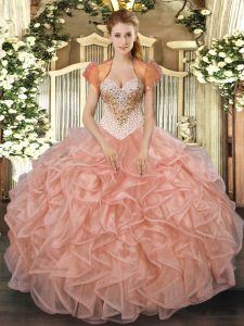 Peach 15th Birthday Dress Military Ball and Sweet 16 and Quinceanera with Beading and Ruffles Sweetheart Sleeveless Lace