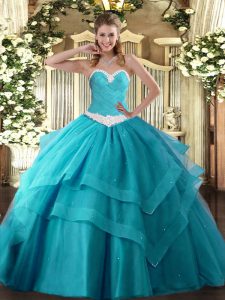 Appliques and Ruffled Layers Ball Gown Prom Dress Teal Lace Up Sleeveless Floor Length